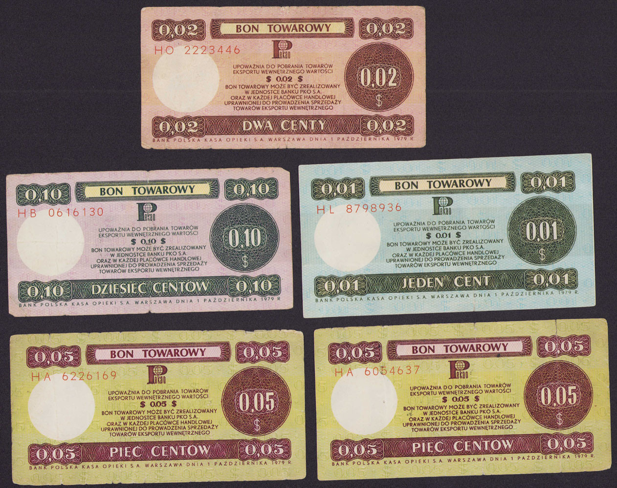 Bony towarowe PEKAO 1 - 10 centów 1979, zestaw 5 sztuk